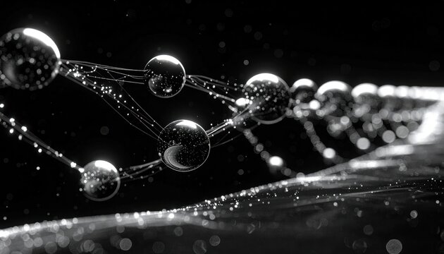 Abstract monochrome rendering of connected spheres and filaments