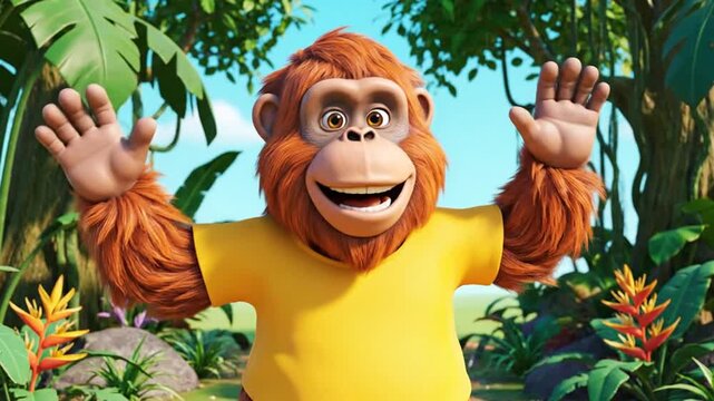 Friendly cartoon monkey with orange fur and a big smile waving happily in a lush green jungle setting