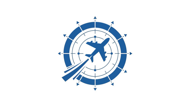 A blue icon featuring an airplane flying over a circular navigation compass design