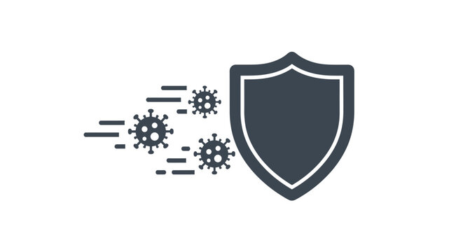 A protective shield icon blocking moving microscopic pathogens on a white background