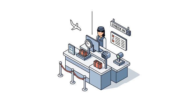An isometric illustration of an airport check in counter with a staff member