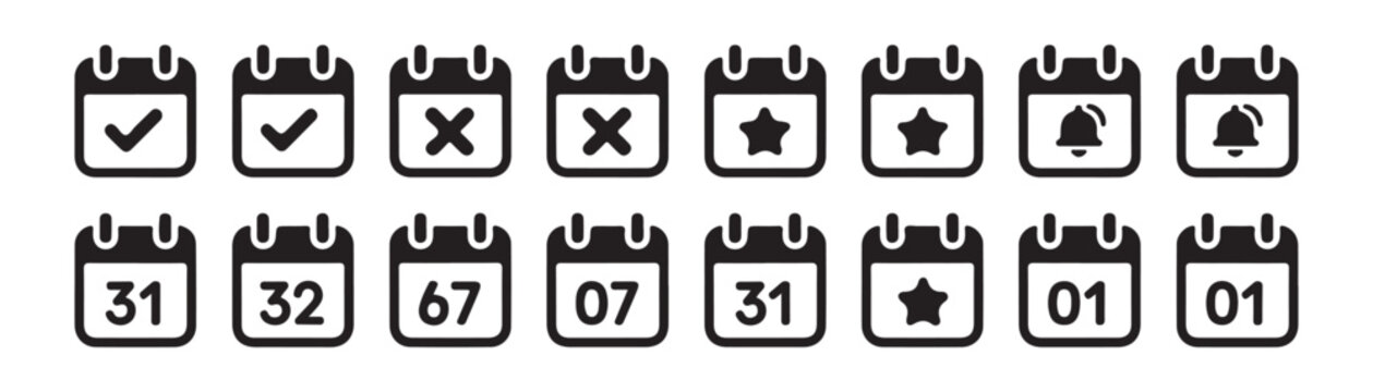 Collection of calendar icons with various symbols including check marks crosses stars and notification.