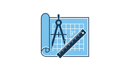 A flat vector icon showing a drafting compass and ruler on a blue grid blueprint © arif