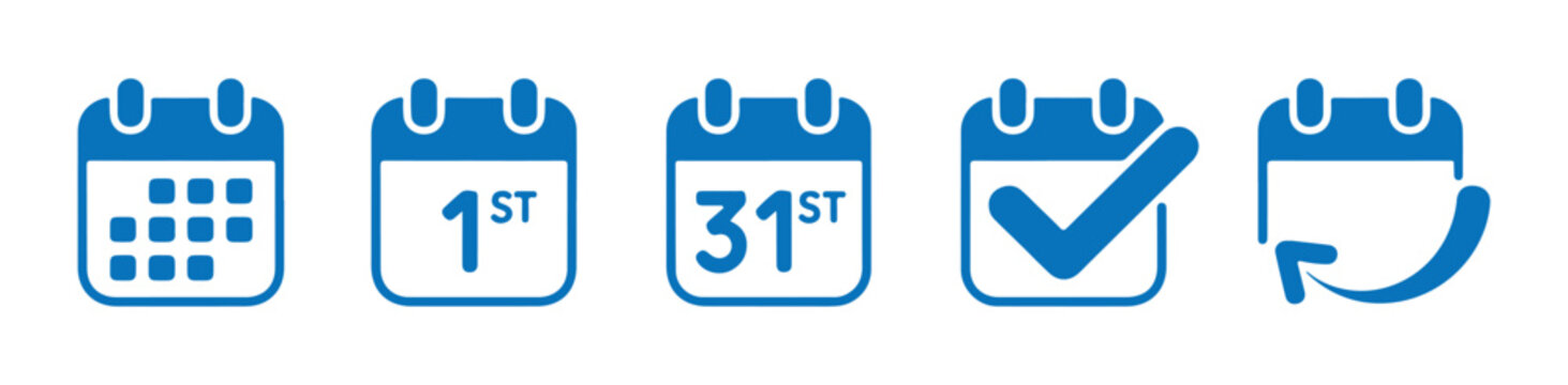 Blue calendar icon assortment for schedule planning with date indicators and task status symbols.