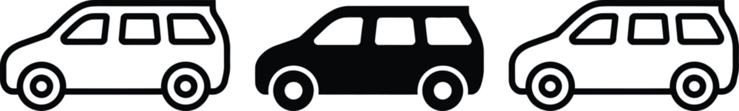 Three different stylized illustrations of compact minivans shown side by side