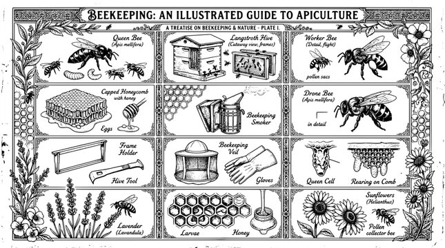 Beekeeping illustrated guide with apiculture equipment and bee types featuring bees, honey, hive with honeycomb and beekeeper elements for apiary,
