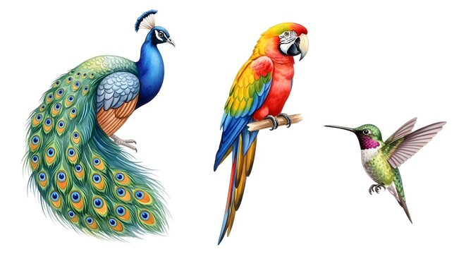 Colorful Exotic Birds Set Featuring Peacock Parrot and Hummingbird.