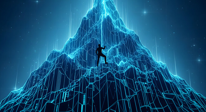 A solitary figure scales a majestic, glowing abstract digital mountain, symbolizing the human journey of overcoming technological challenges, striving for future success and innovation
