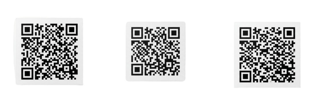 Black and white QR codes isolated on clean white background, modern digital scannable matrix barcode icons for payments, menus, apps, websites and marketing designs

