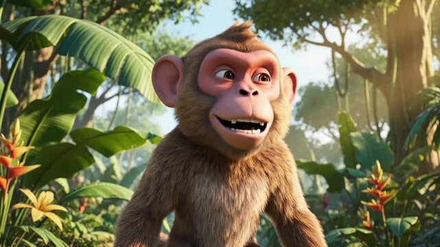 A cute cartoon monkey with big eyes smiles in a lush green jungle surrounded by tropical plants and trees
