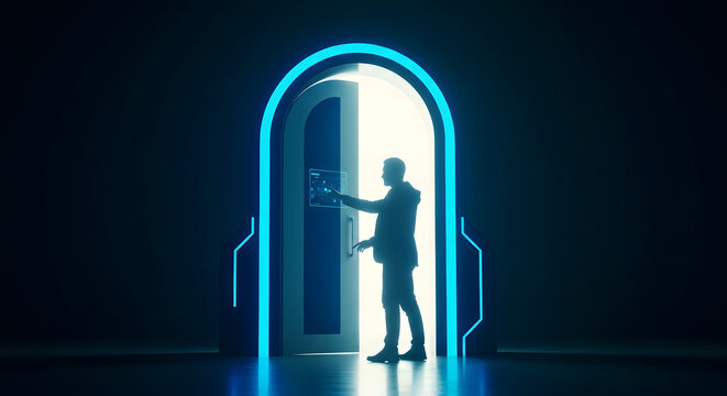 Man entering a glowing futuristic doorway, representing innovation, technology, and new opportunities in the digital age