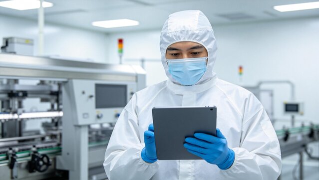 Man in protective suit using tablet in factory