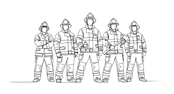Team of firefighters in protective gear, one holding an axe, continuous line art