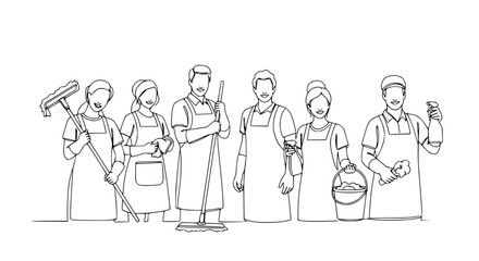 Obraz premium Diverse Cleaning Crew Line Art - Professional Janitorial Services Team