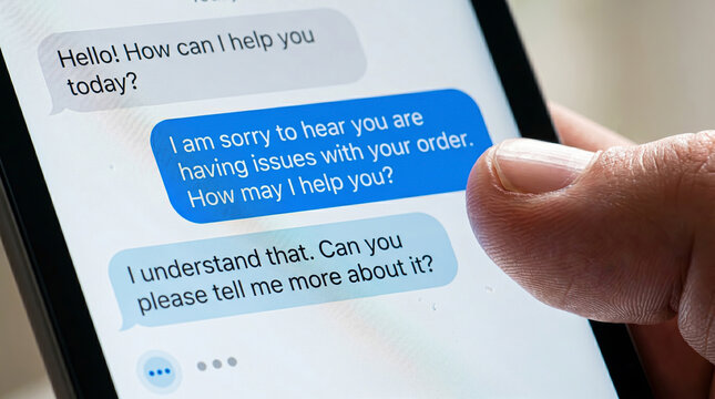 Interacting with digital glass through microscopic skin ridges on a smartphone display showing generic customer support chat bubbles with pixel light