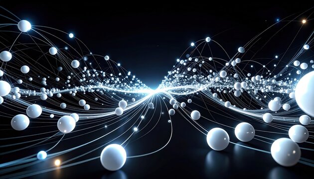 Abstract 3D graphic of interconnected spheres and flowing lines in blue space