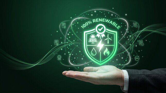 Businessman hand holding glowing green shield hologram with 100% renewable text, solar panel, wind turbine, and clean energy icons