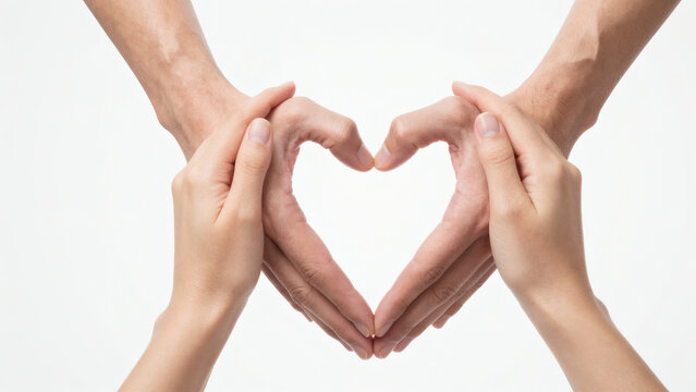 Deux paires de mains formant un c&oelig;ur isol&eacute;es sur fond blanc, symbole d'amour, d'unit&eacute; et de connexion humaine