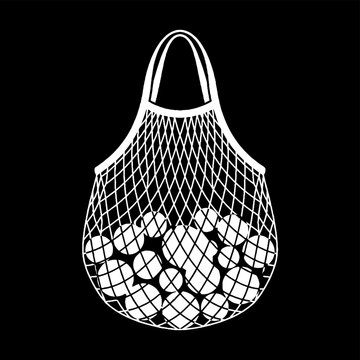 White mesh shopping bag filled with circular objects, presented as a minimalist vector illustration on a stark black background