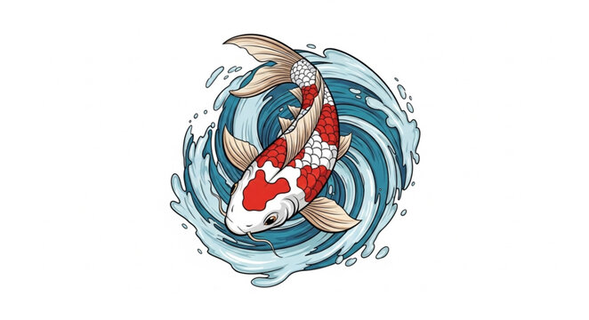 Japanese Koi Fish Swimming in Swirling Water Illustration.