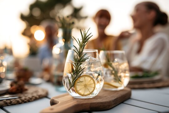 Rosemary gin and tonic cocktails served during cozy sunset dinner with friends, elegant botanical drinks for outdoor entertaining and relaxed summer evening celebration