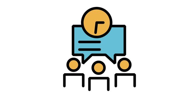 Animated icon of a business team meeting with a clock on the wall background, representing punctual corporate schedule and project timeline.