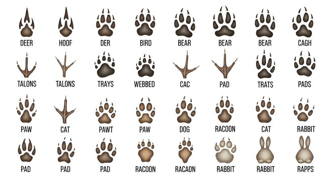 Collection of Various Animal Paw Prints and Tracks.
