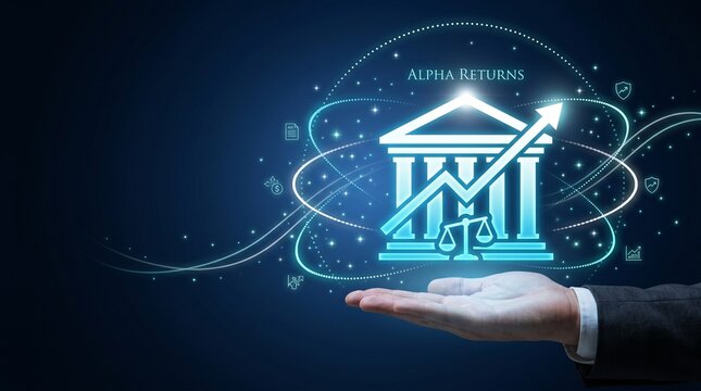 Businessman hand holding glowing digital hologram of bank building with upward arrow and scales of justice, representing alpha returns and finance
