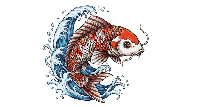 Japanese Koi Fish Swimming Through Water Waves Illustration.