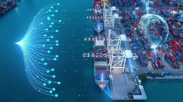 Glowing digital data logistics cargo AI management networks overlaid on a commercial cargo container ship port. artificial intelligence supply chain, and future shipping tech. Smart maritime logistics
