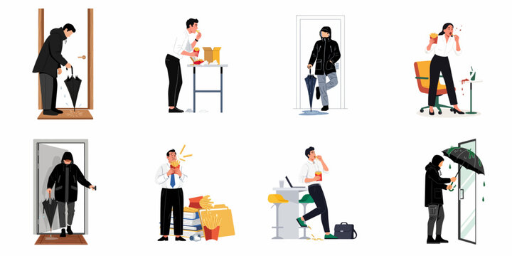 Collection of Vector Illustrations Depicting People with Bad Manners, Messy Habits, and Lack of Etiquette in Office and Home Settings