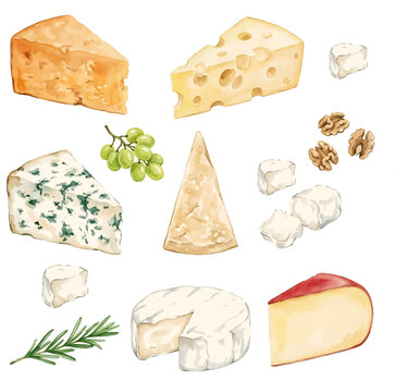 Assorted cheese and bread collection with baked sweets and snacks isolated on white background
