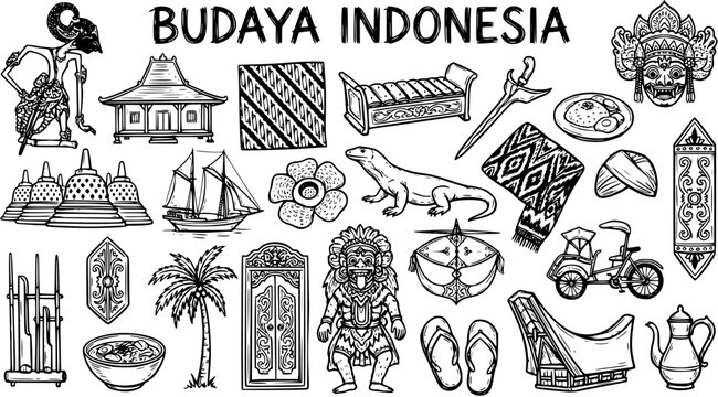 Hand Drawn Black and White Line Art Illustration of Indonesian Culture Symbols and Traditional Icons Collection. Travel Heritage Doodle Sketch Set.