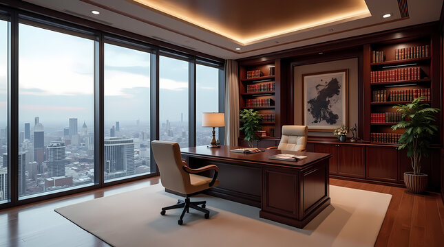 Bureau de direction de luxe avec vue panoramique sur l'horizon urbain, bureau en bois fonc&eacute;, fauteuil en cuir, biblioth&egrave;que int&eacute;gr&eacute;e et &eacute;clairage chaleureux
