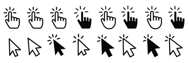 Obraz premium Arrow and Hand Pointer Cursor Icon Set Featuring Computer Mouse Click Symbols and Modern UI Navigation Interface Vector Illustration Collection