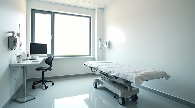 Salle d'examen m&eacute;dicale moderne avec lit patient et bureau informatique, int&eacute;rieur de clinique lumineux et fonctionnel