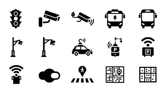 Smart City Icons: Traffic, Surveillance, Parking, Transport, Navigation Vector Set