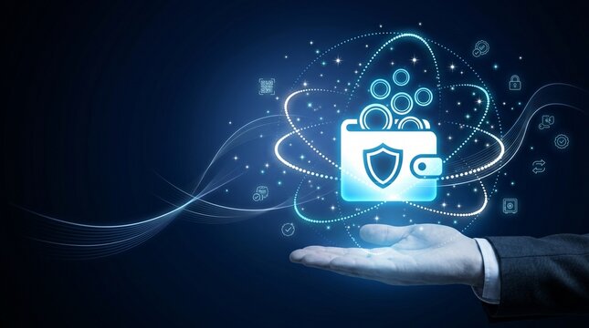 Hand holding glowing digital wallet with shield and coins, surrounded by secure digital network and transaction icons, symbolizing cryptocurrency and online finance