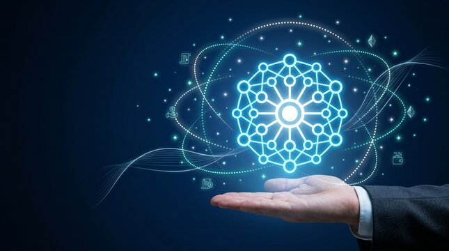 Hand holding glowing blockchain network symbol decentralized ledger technology with cryptocurrency and smart contract icons on digital background