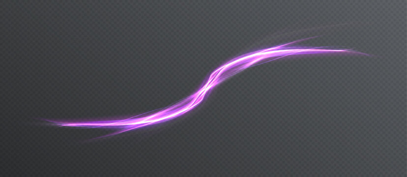 Abstract minimalist purple glowing neon light wave with elegant dynamic s-shaped trail and smooth motion effect isolated on transparent background