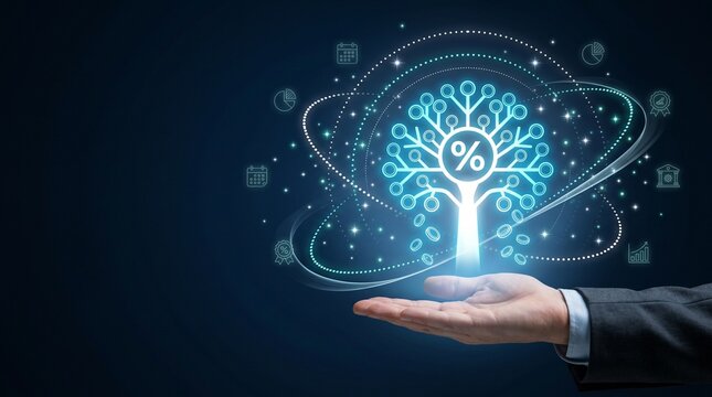 Digital financial growth and investment concept hand holding a glowing tree with a percentage symbol, surrounded by financial icons