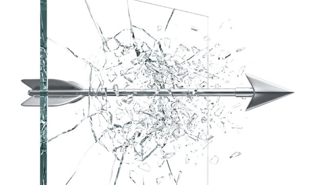 A silver arrow piercing through a shattered glass window on transparent background