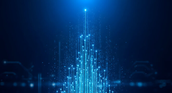 Abstract blue glowing particles rising upwards against a dark background representing data flow and technological advancement