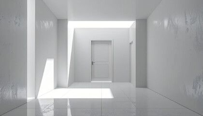Fototapeta premium Minimalist white hallway with a single door bathed in soft architectural light, creating a serene and modern space