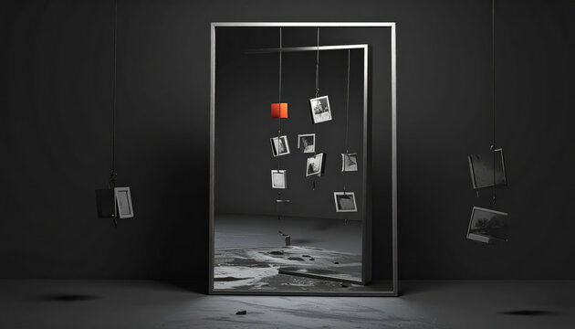 Mirror reflecting a surreal world where gravity is reversed, with hanging photographs and an orange cube