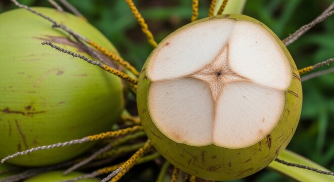 Fresh young coconut with cut top showing white pulp and coconut water.