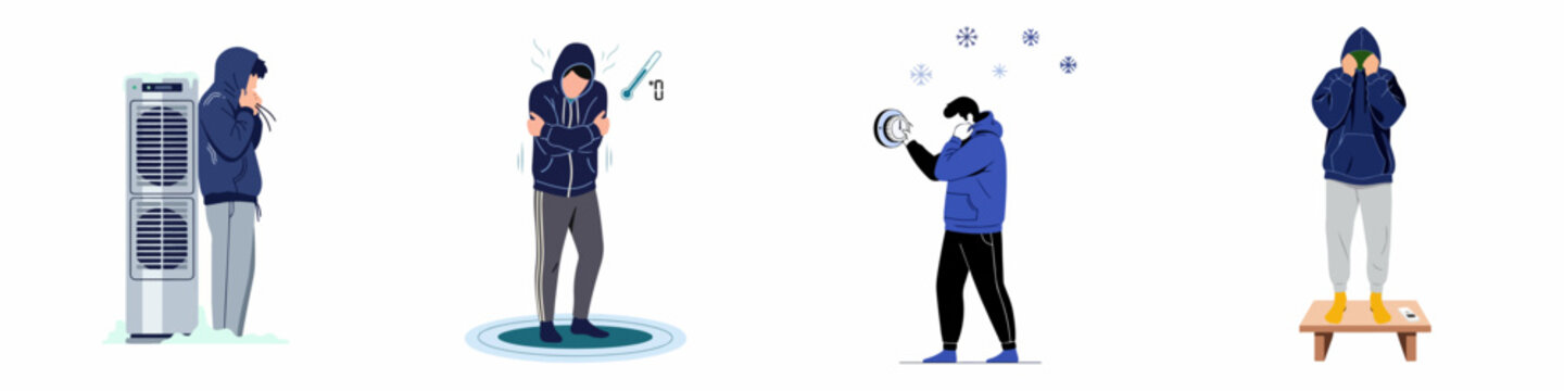 Set of illustrations depicting men shivering and feeling freezing cold indoors due to low temperatures and heating issues during the winter season.