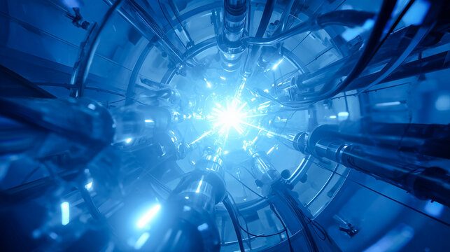 bright blue plasma reactor core inside futuristic engine room with complex industrial pipes and wires for power supply