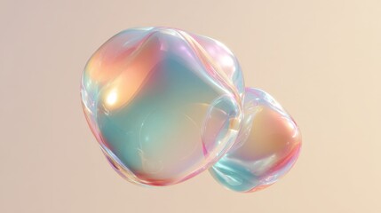 Obraz premium Shimmering bubbles float gently against soft peach backdrop. Iridescent hues ripple across their delicate, translucent surfaces. Light dances inside each bubble, creating soft, shifting glows