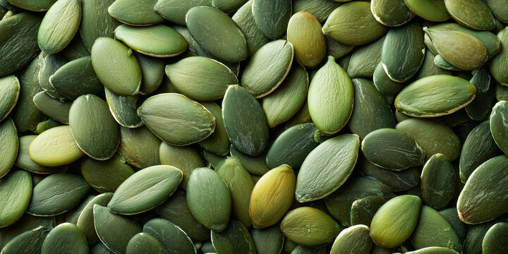 a background texture of raw green hulled pumpkin seeds spread evenly in a flat lay pattern